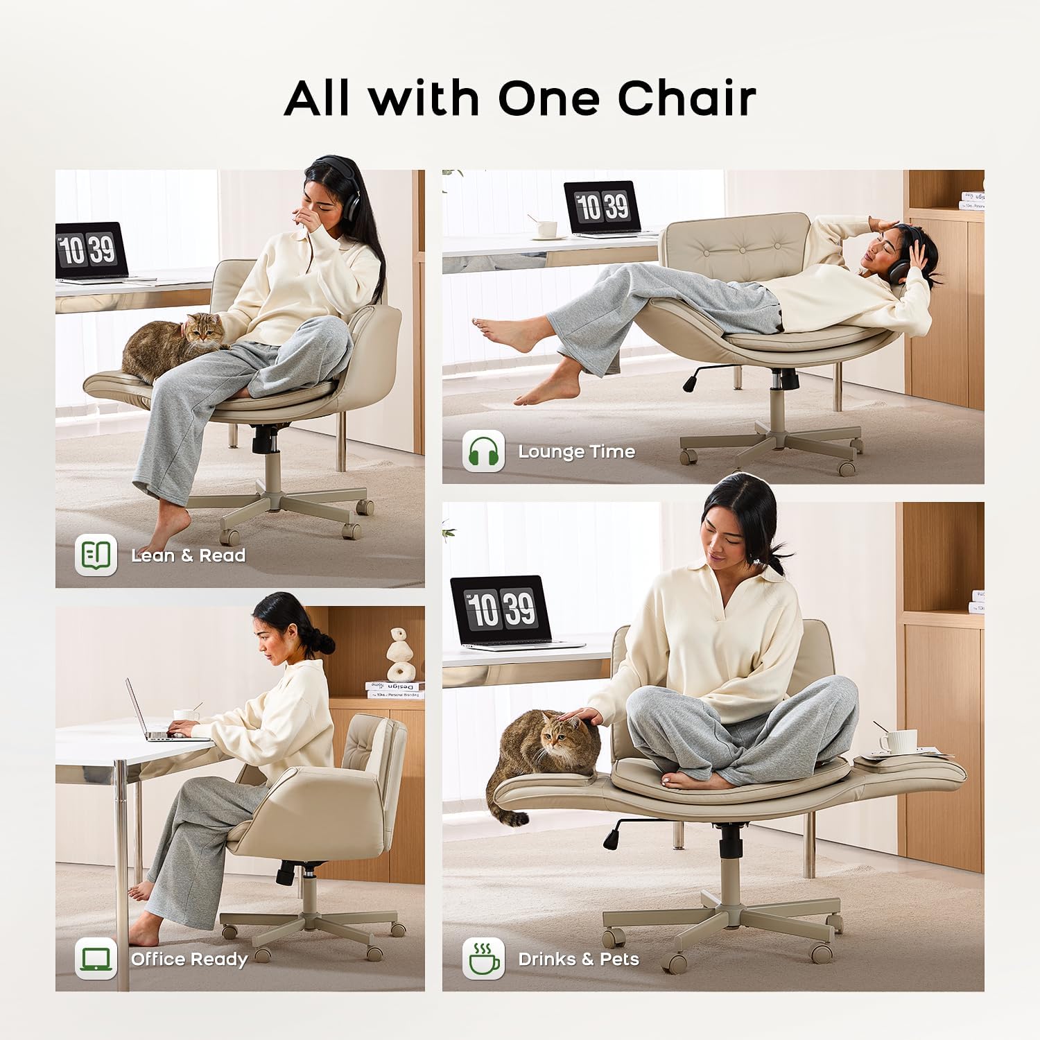Amseatec Criss Cross Office Chair, Pu Leather Vanity Chair With 5-Level Adjustable Armrests & Swivel, Ergonomic Criss Cross Chair For Home Office Bedroom Makeup（Cream）