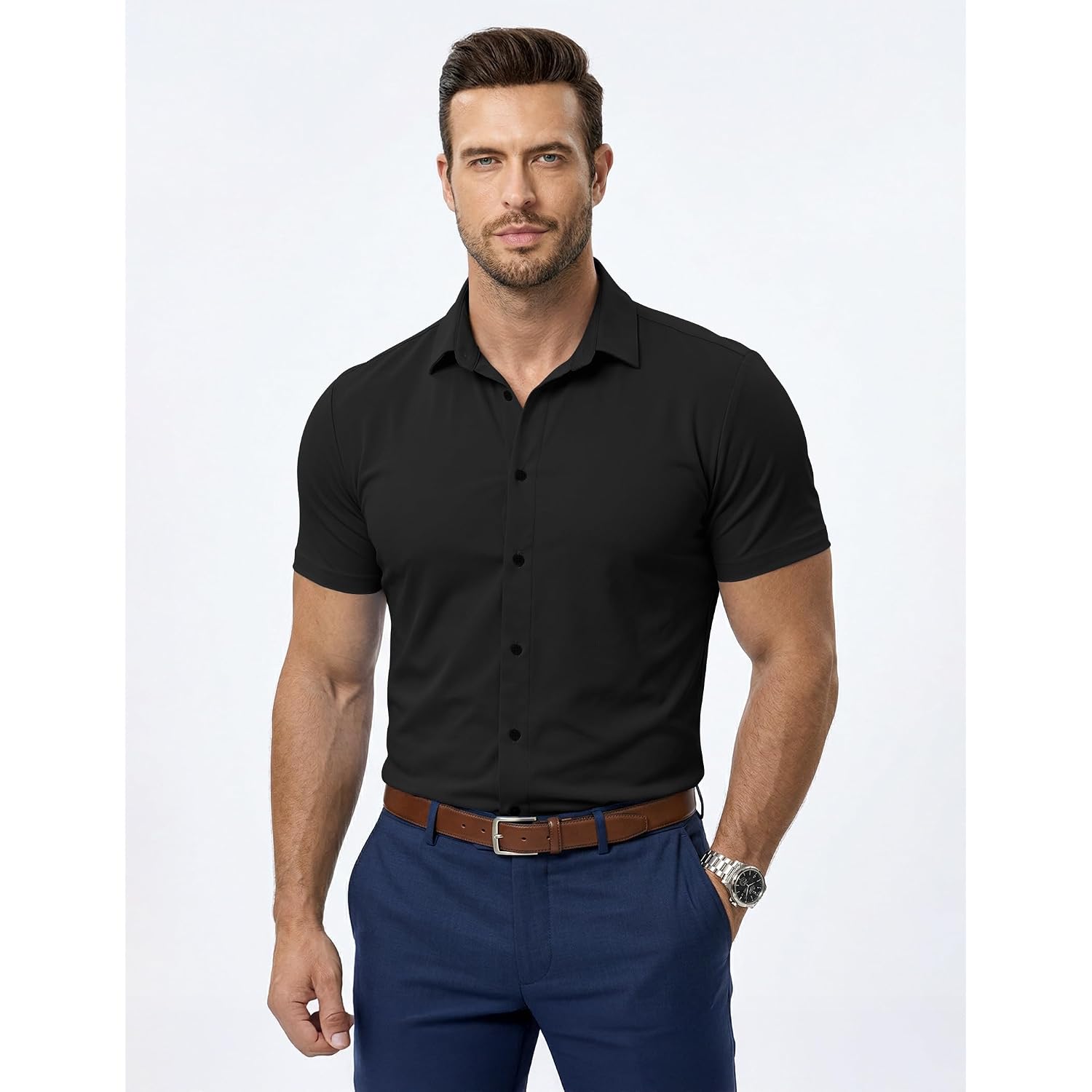 Jmierr Men'S Muscle Fit High Stretch Wrinkle-Free Button Down Dress Shirts Summer Casual Short Sleeve Shirt