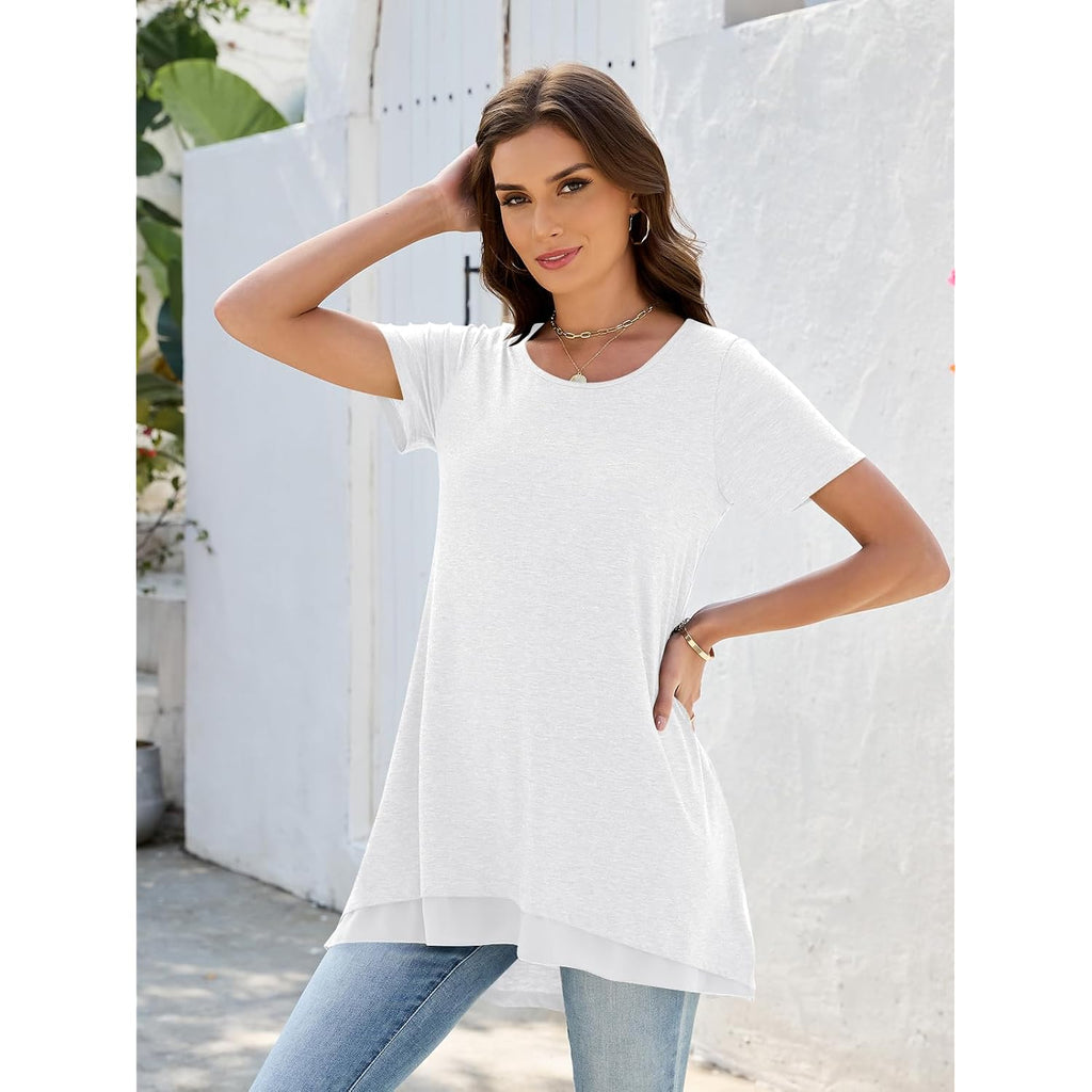 Women's Short Sleeve Tunic Tops for Legging Layered Chiffon Hem Casual Loose Long Shirts with Pockets