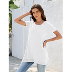 Women's Short Sleeve Tunic Tops for Legging Layered Chiffon Hem Casual Loose Long Shirts with Pockets