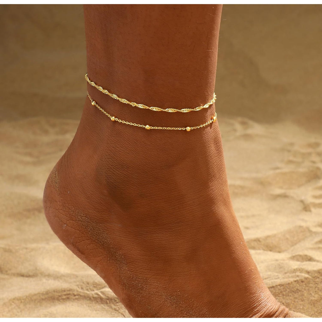 2/3 PCS Gold Anklets for Women Waterproof Cuban Link Anklet Beaded Bracelets Stackable Bracelets 14K Gold Plated Custom Jewelry Gifts Non Tarnish Lightweight