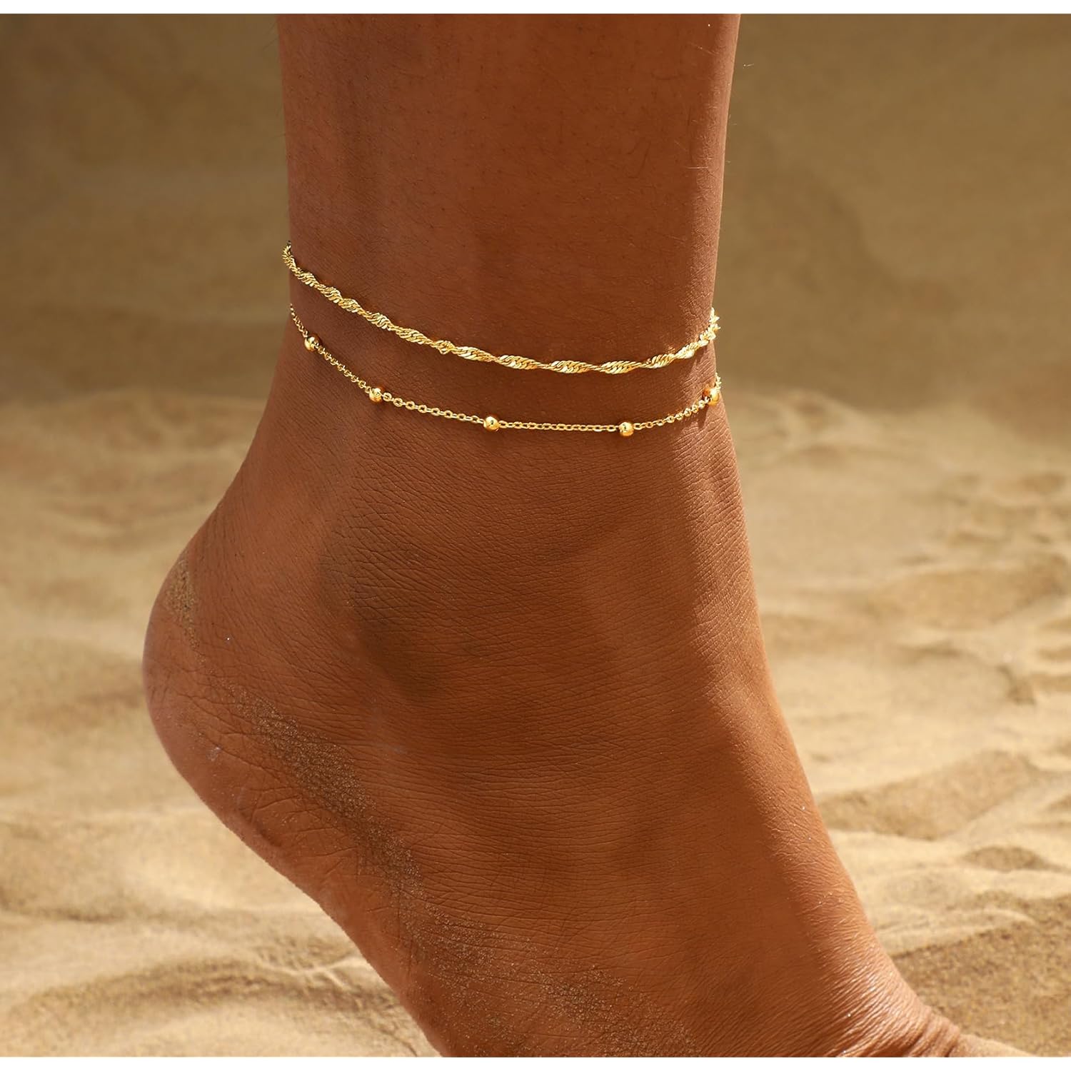 2/3 PCS Gold Anklets for Women Waterproof Cuban Link Anklet Beaded Bracelets Stackable Bracelets 14K Gold Plated Custom Jewelry Gifts Non Tarnish Lightweight