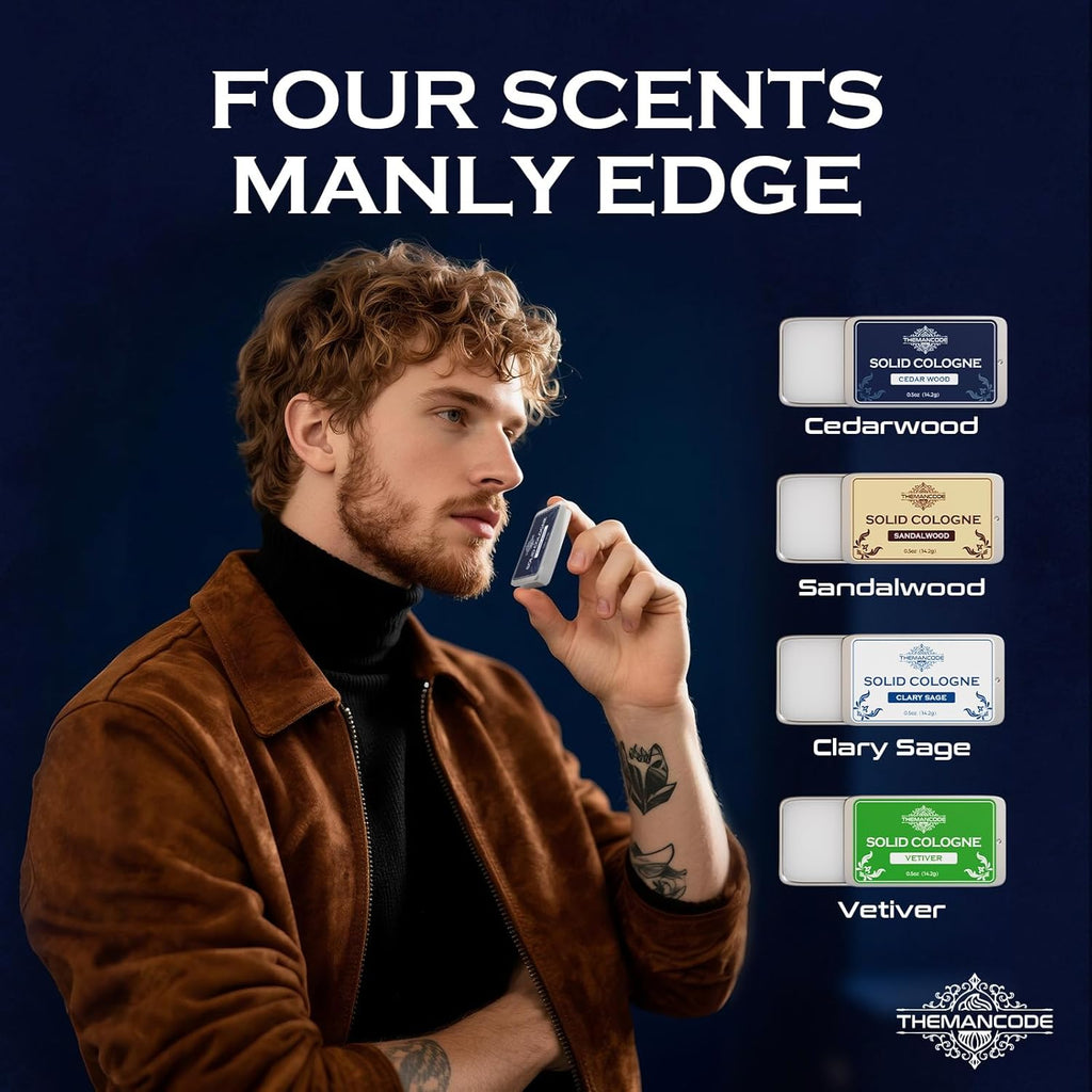 THEMANCODE Solid Cologne for Men, Gifts for Men, Solid Perfume with Sandalwood, Vetiver, Cedarwood, Sage Scents, 4 Pack