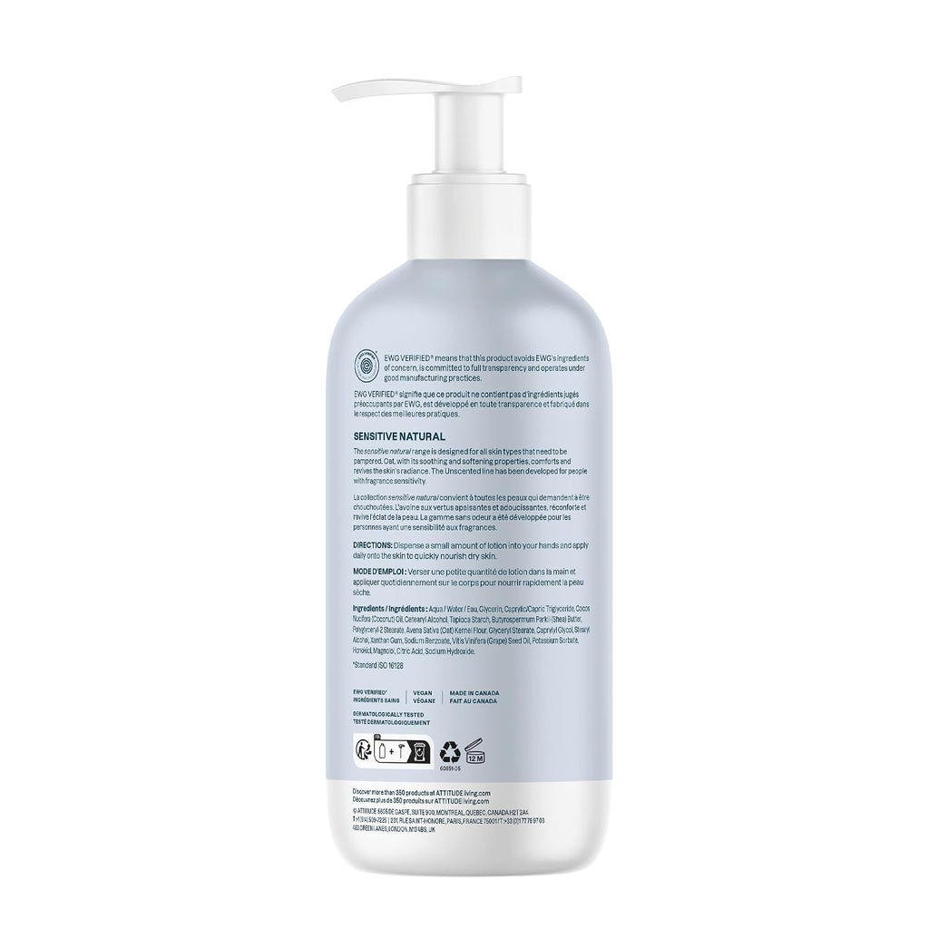 Attitude Sensitive Skin Body Lotion, Fragrance-Free, Soothing Oat Formula, Hydrating Care For Dry Skin, Ewg Verified, Dermatologically Tested, Vegan, Unscented, 16 Fl Oz