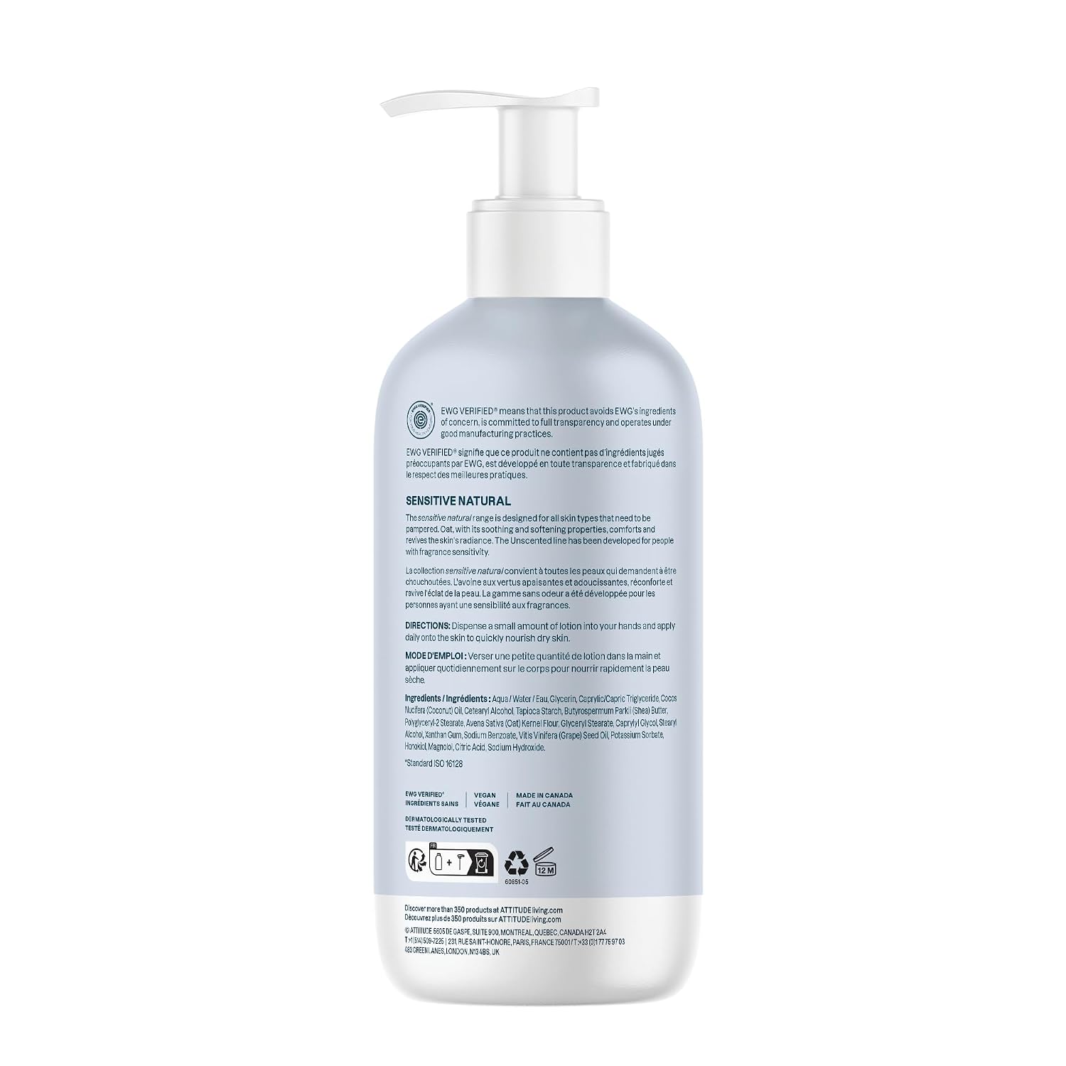 Attitude Sensitive Skin Body Lotion, Fragrance-Free, Soothing Oat Formula, Hydrating Care For Dry Skin, Ewg Verified, Dermatologically Tested, Vegan, Unscented, 16 Fl Oz