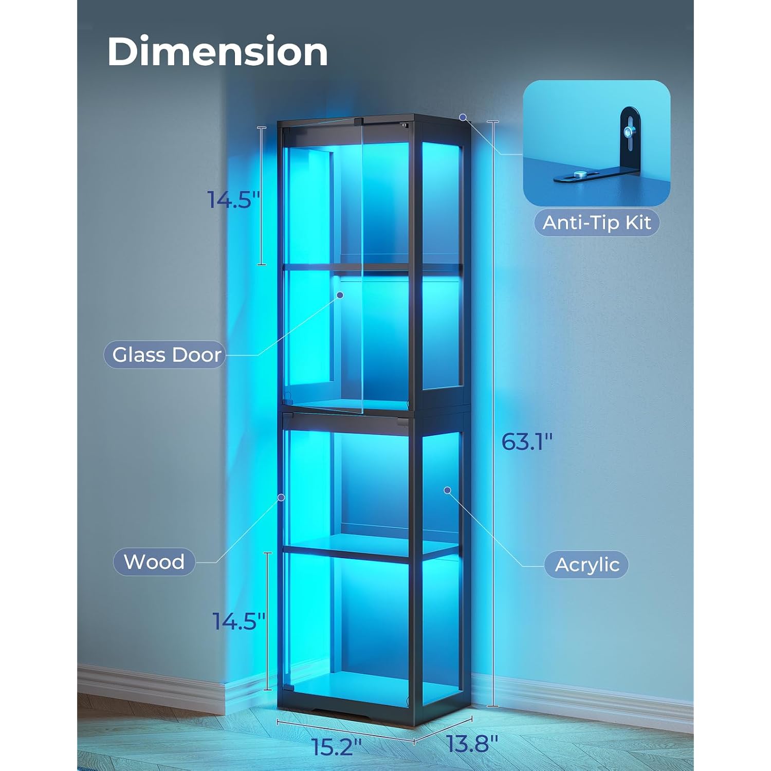 Aodk Display Cabinet With Glass Doors, Glass Display Case With Rgb Led Light, Corner Display Shelf For Collectibles, Black Curio Cabinet For Showcase, Bookcase