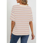 MEROKEETY Women's 2026 Summer Short Sleeve Tops Casual Colourful Striped Crewneck Loose Work T Shirts Blouses
