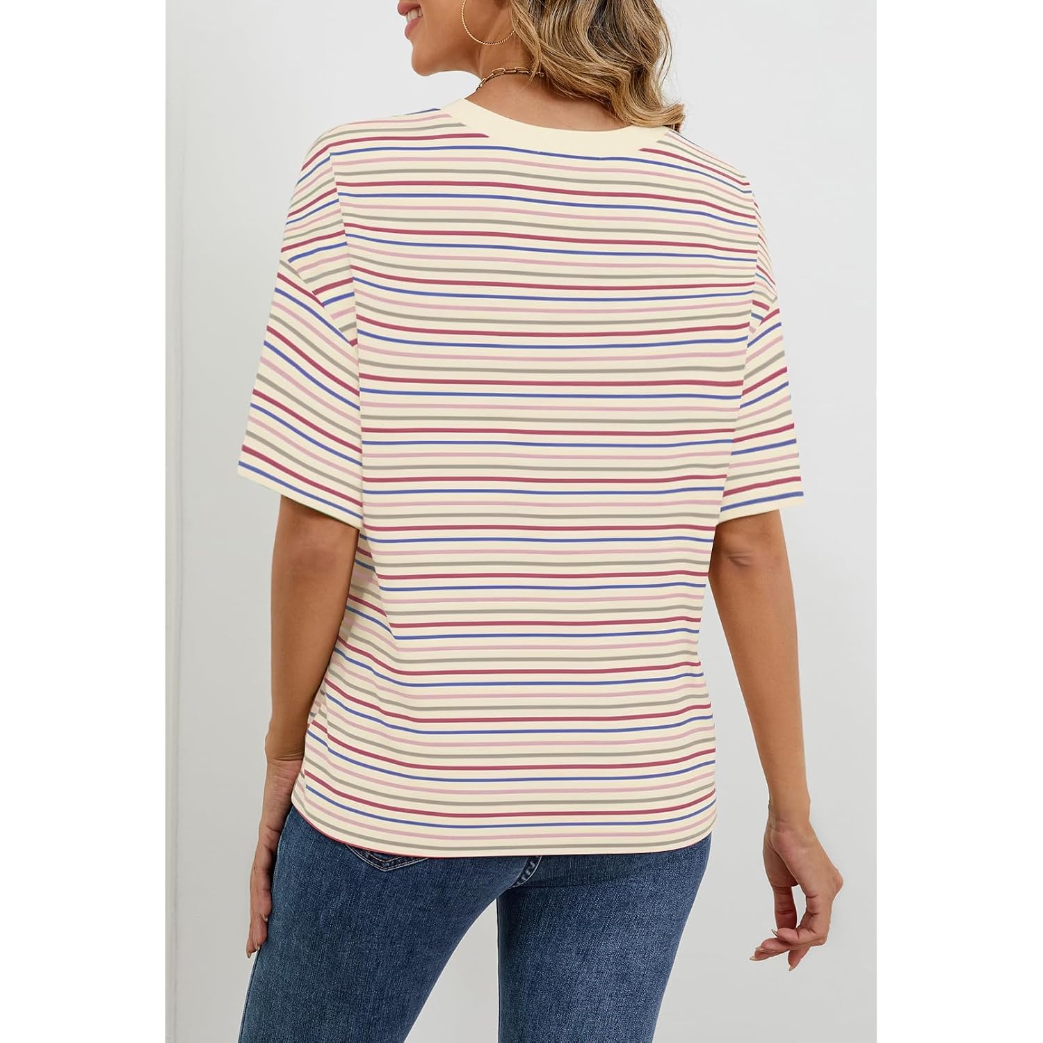 MEROKEETY Women's 2026 Summer Short Sleeve Tops Casual Colourful Striped Crewneck Loose Work T Shirts Blouses
