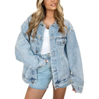 Women'S Oversized Jean Jacket Long Blue Denim Jacket Long Sleeve Button Down Trucker Jacket Shacket Fall Coats