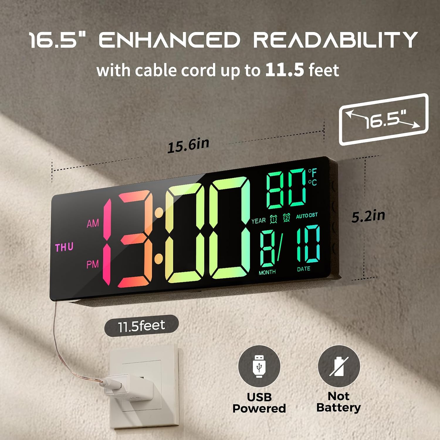 Easyera 16.5" Large Digital Wall Clock With Bt Sync, Rgb Lights With 11 Scenes Mode Remote Control, Dual Alarms With Big Led Display, Auto Dst, Temperature For Classroom Gaming