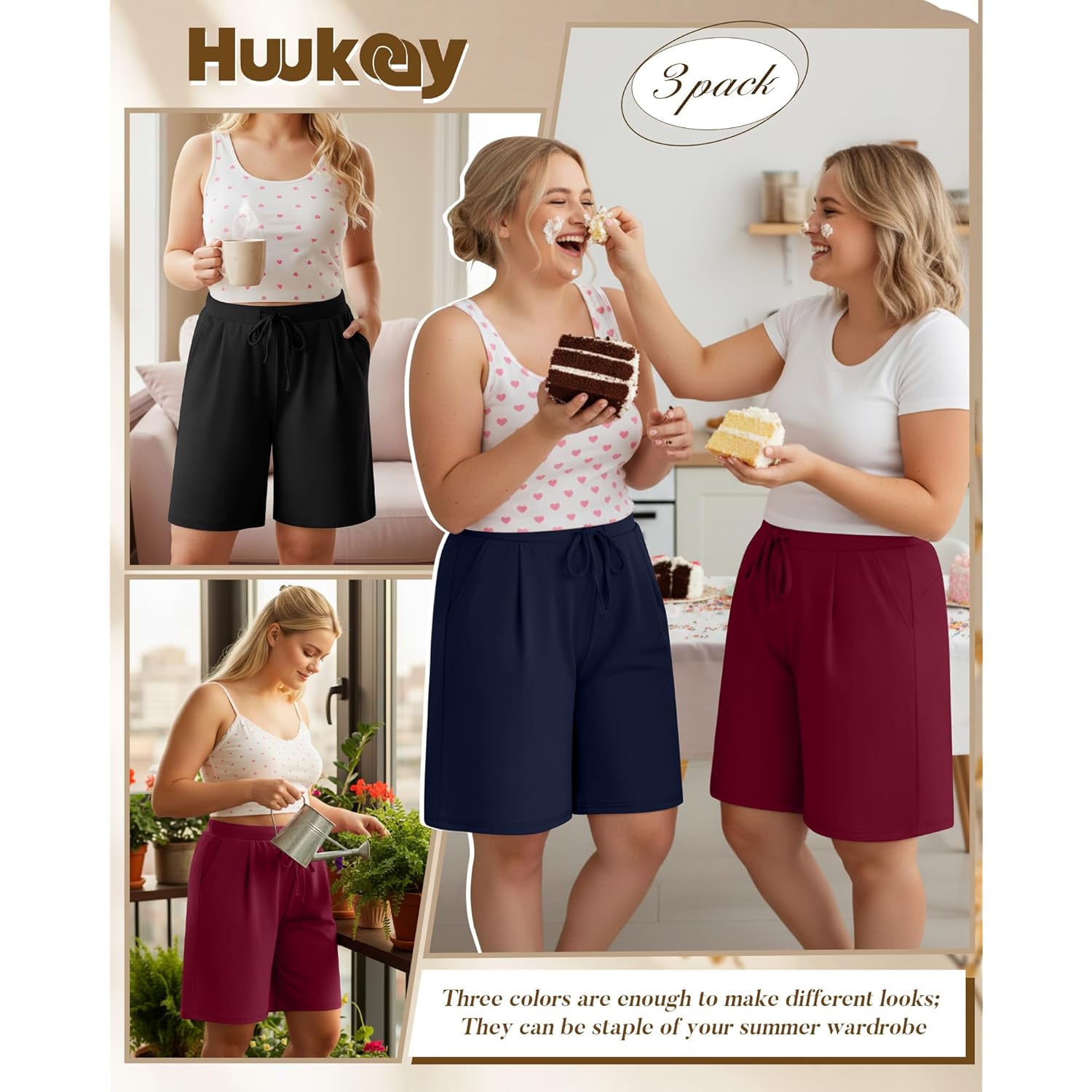3 Pack Women's Plus Size Bermuda Shorts Casual Knit Drawstring Knee Length Walking Shorts with Pockets