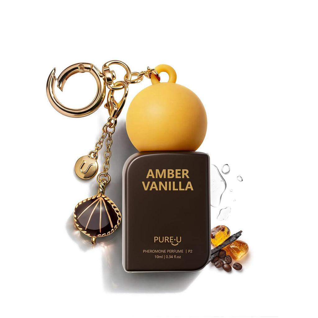 Amber Vanilla Pheromone Perfume Oil For Women, Long Lasting Extrait De Parfum Roll On With Clip-On Keychain, Alcohol Free Portable Travel Size Fragrance For Date Night & On-The-Go, 0.34 Fl Oz