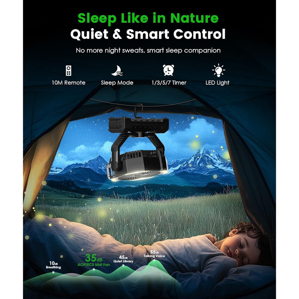 Camping Misting Fan - 24000Mah Portable Battery Powered Fans With 9Oz Water Tank, Light, Hook - Rechargeable, 120H Cooling, Last 5H Mist, 4 Speed, Sleep Mode - Outdoor Gear, Travel Essentials
