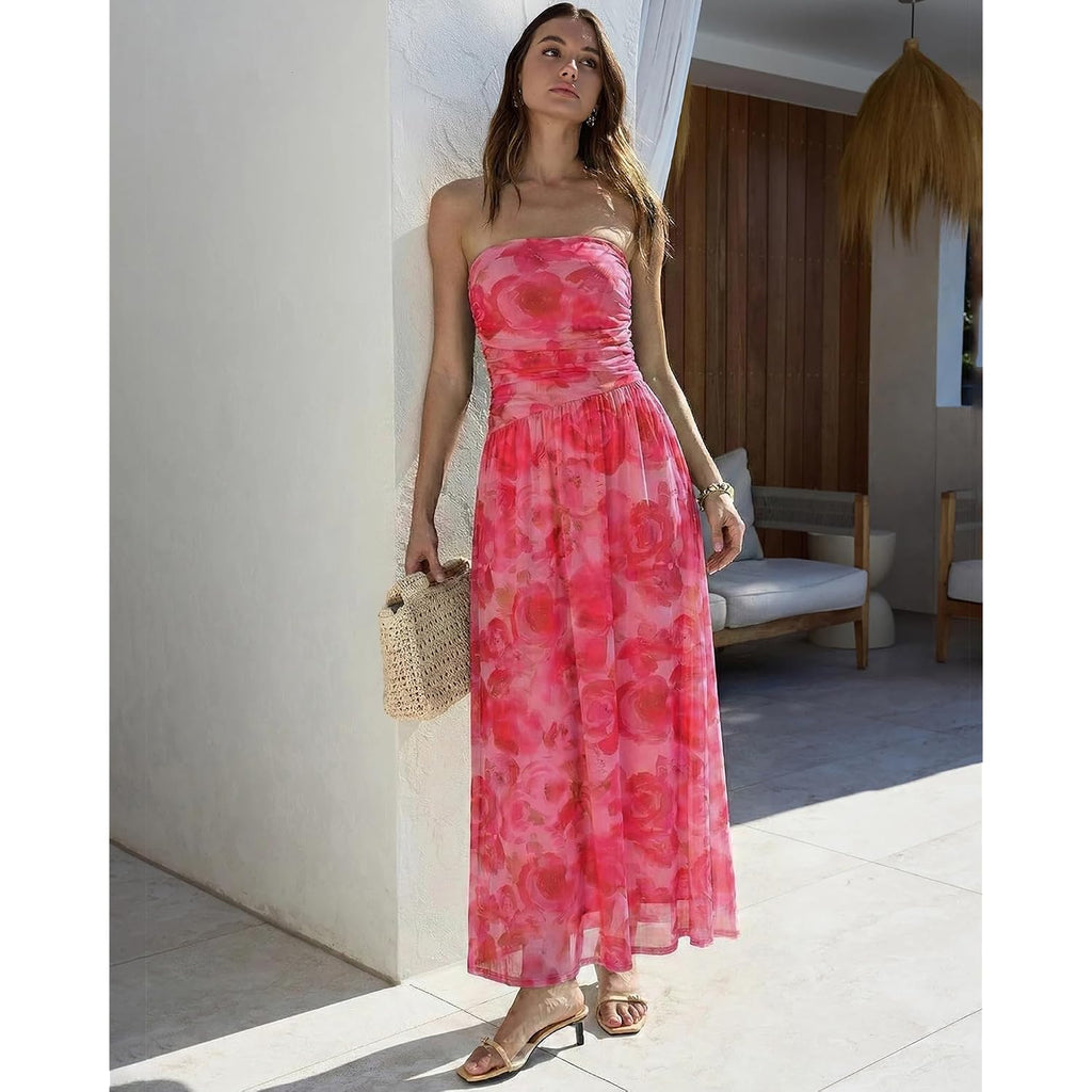 Summer Floral Wedding Guest Maxi Dress For Women Strapless Tube Long Dresses Mesh Flowy Vacation Cocktail Dresses