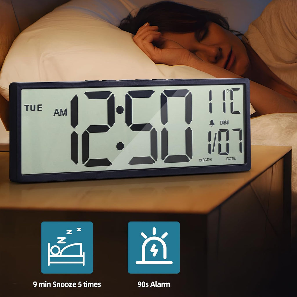 15" Large Digital Wall Clock Battery Operated Black, Clock With Large Display Numbers, Calendar, Auto Dst, Clocks For Living Room, Kitchen, Office, Bedroom