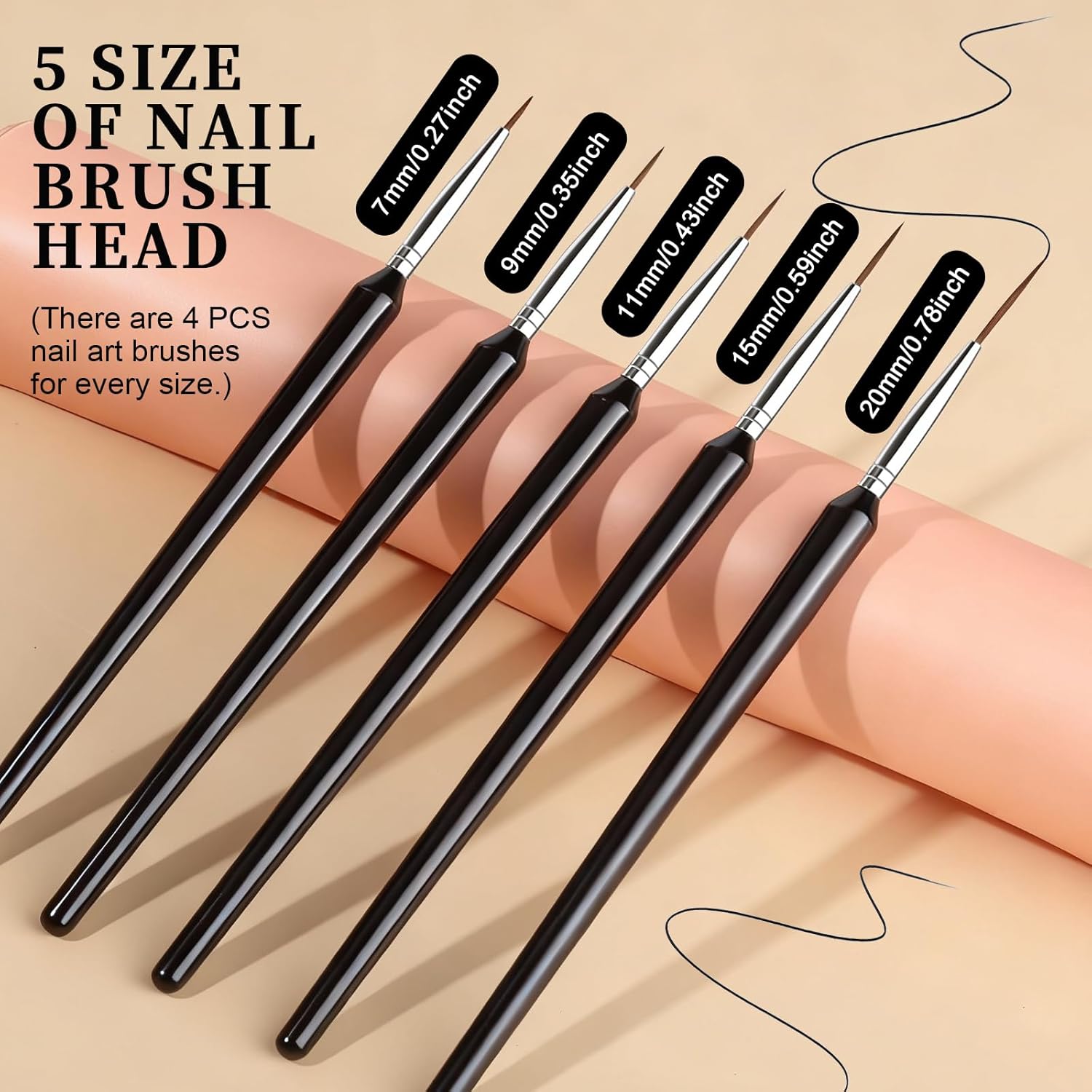FANDAMEI 20pcs Nail Art Brushes, Liner Brushes For Nails, Nail Liner Brush, Thin Nail Art Brush For Drawing Long Lines, Nail Brush Set, Nail Brushes For Nail Art, Nail Art Tools, 7/9/11/15/20mm, Black