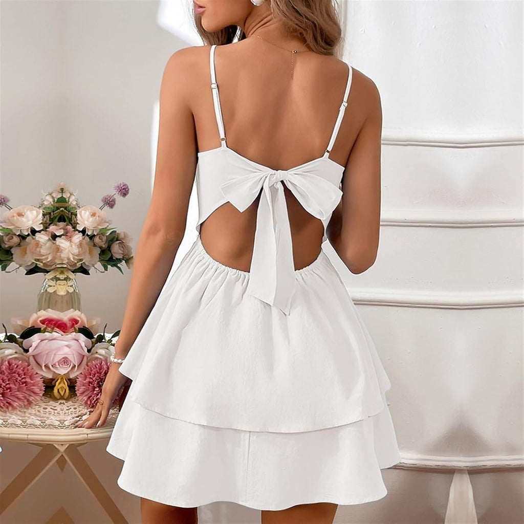 Qnngxx Women'S Backless Bow Tie Short White Dress Sexy Graduation Dresses Homecoming Dresses For Teens