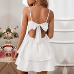 Qnngxx Women'S Backless Bow Tie Short White Dress Sexy Graduation Dresses Homecoming Dresses For Teens