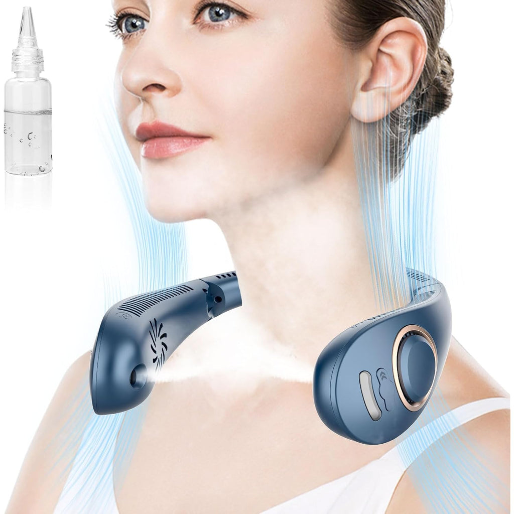 Neck Fan With Mist Spray, Bladeless Fans That Blow Cold Air, 5 Speeds, 2 Mist Modes, Usb-C Rechargeable, Led Battery & Wind Display, Folding For Outdoor Travel Work, Women Men Kids Gifts (Blue)