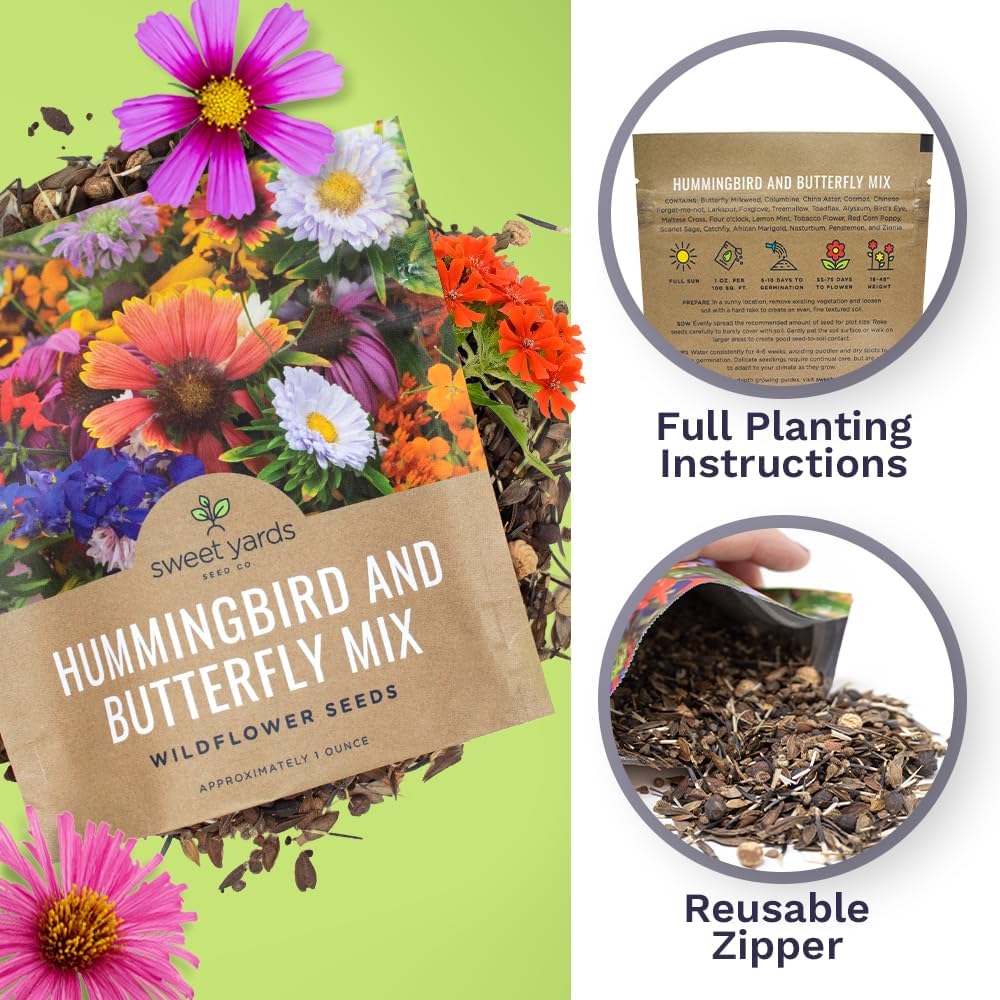 Wildflower Seeds Butterfly And Humming Bird Mix - Large 1 Ounce Packet 7,500+ Seeds - 23 Open Pollinated Annual And Perennial Species