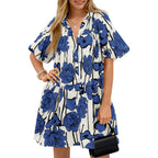 Wenrine Women'S Summer Button Down Shirt Dress Floral Puff Short Sleeve Casual Loose Fit Beach Mini Dresses