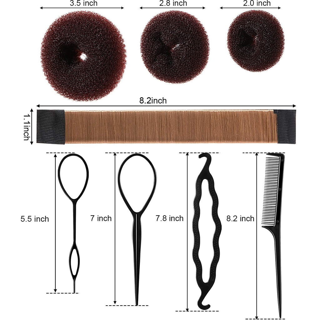Willbond Hair Bun Shaper Set, 3 Pcs Hair Donut, 2 Pcs Bun Marker, 4 Pieces Ponytail Tool, 10 Pieces Bobby Pins And 2 Elastic Bands, Hairs Styling Accessories Maker Kit For Women(Brown）