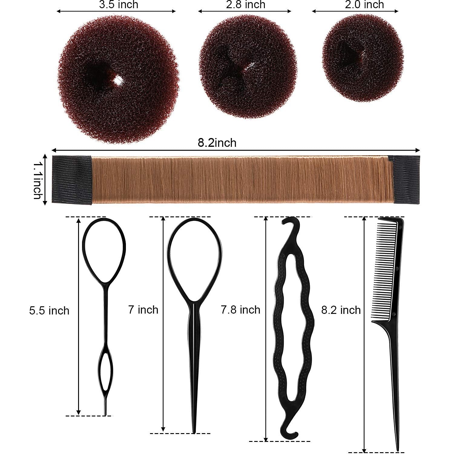 Willbond Hair Bun Shaper Set, 3 Pcs Hair Donut, 2 Pcs Bun Marker, 4 Pieces Ponytail Tool, 10 Pieces Bobby Pins And 2 Elastic Bands, Hairs Styling Accessories Maker Kit For Women(Brown）