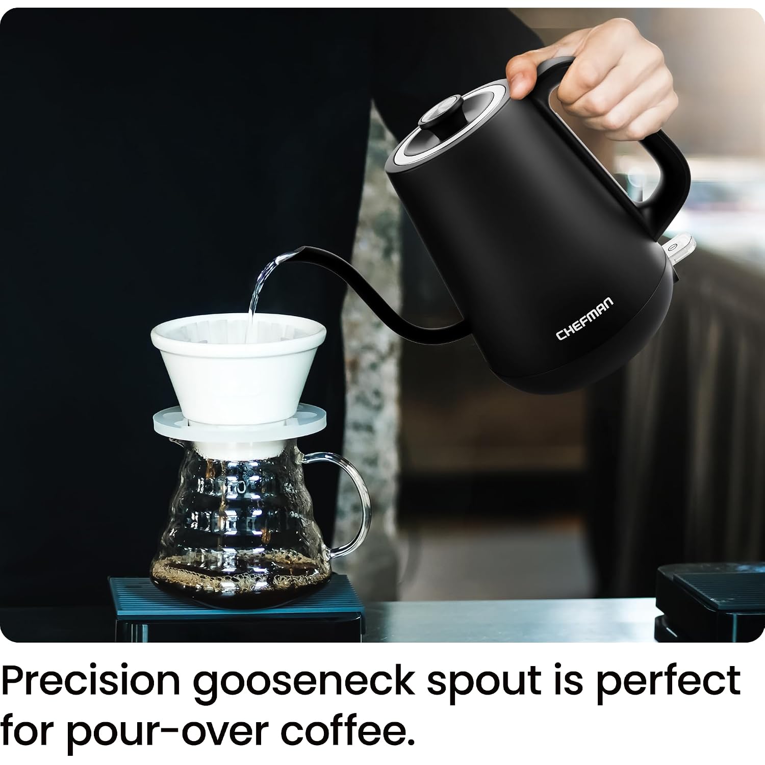 Chefman Gooseneck Electric Kettle, 0.8L Pour Over Tea Kettle For Coffee And Tea, One-Touch Operation, Boil-Dry Protection, Auto Shut-Off, Ultra-Fast Hot Water Boiler – Black