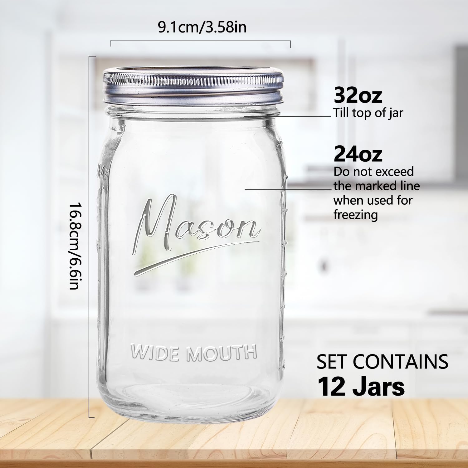 Mason Jars 32 oz,12 Pack Quart Wide Mouth Mason Jar With Airtight Lids,Glass Canning Jars for Fermenting, Pickling,Meal Prep,Overnight Oats & Centerpieces