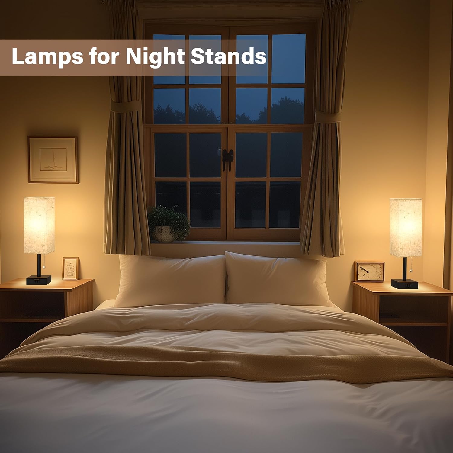 Bedside Table Lamps For Bedroom Set Of 2 - Small Rectangular Nightstand Lamp With Ac Outlet Charging Port, 3 Color Temperatures Desk Light With Bulb, Tabletop Reading Lamp For Living Room/Dorm/Office