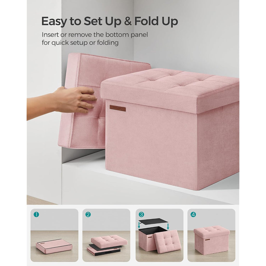 Songmics Small Folding Storage Ottoman, Jelly Pink | Foot Rest Stool, 12.2 X 16.1 Inches, 286 Lb Capacity, Bedroom, Dorm, Ulsf200R01