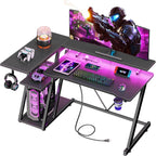 Korfile 40 Inch Gaming Desk With Power Outlet & Led Lights, L Shaped Computer Gaming Table With 3 Tiers Storage Shelves, Corner Gamer Desk With Monitor Stand For Small Space, Carbon Fiber Black