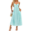 Fashionme Womens Summer Maxi Dresses 2026 Trendy Striped Vacation Boho Beach Spaghetti Strap Sundress Back Tie With Pockets