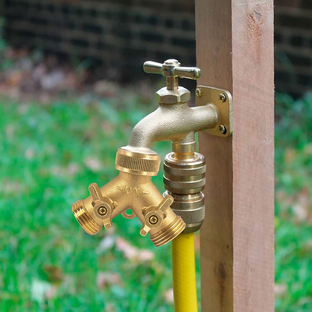 Hourleey Brass Garden Hose Splitter (2 Way), Solid Brass Hose Y Splitter 2 Valves With 2 Extra Rubber Washers (Brass)