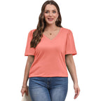 OFEEFAN T Shirts for Women V Neck Dressy Casual Blouses Puff Short Sleeve Summer Tops Loose Fit