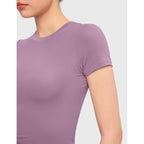 Pumiey Women'S Crew Neck Short Sleeve Tops Double Lined Slim Fit T Shirts Basic Tee Smoke Cloud Pro Collection