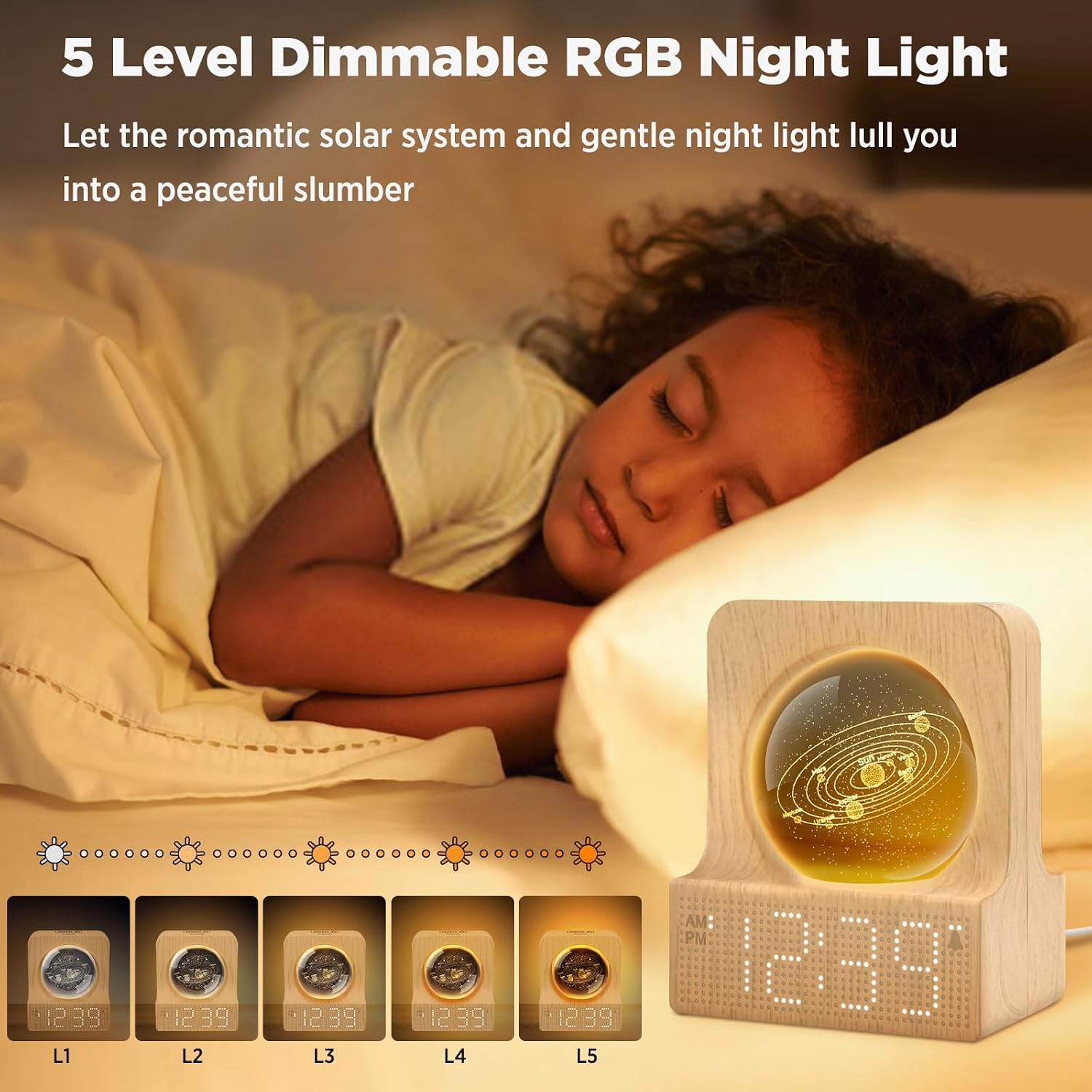 Dreamsky Space Alarm Clock For Kids Teens With Rgb Night Light For Bedroom | Small Digital Clock With Colorful Crystal Ball Decor For Living Room Office, Dimmer, Gifts For Boys Girls Women (Wood Grain)