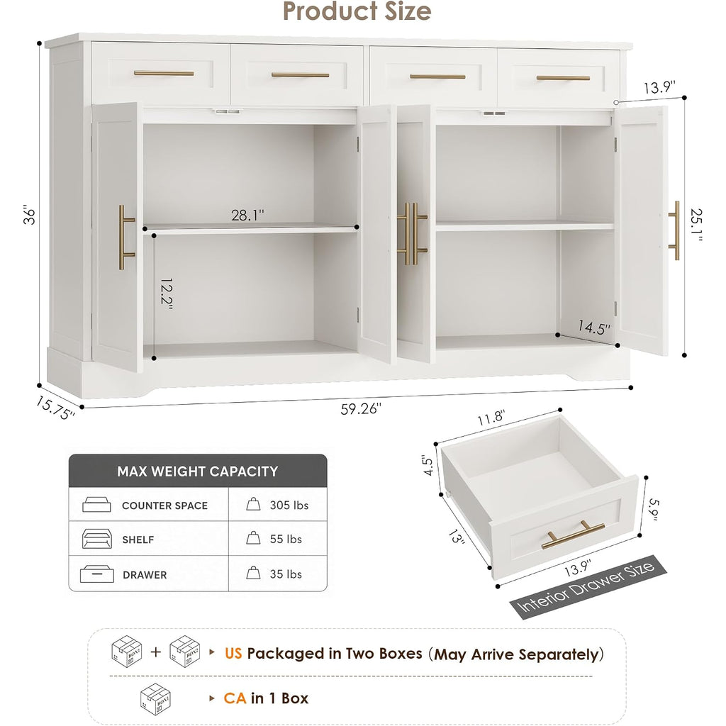 Hostack 60" W Sideboard Buffet Cabinet With Storage, Kitchen Cabinet, White | 36" Tall Kitchen Buffet Storage Cabinet With 4 Drawers, Large Coffee Bar Cabinet, Modern Buffet Table For Dining Living Room