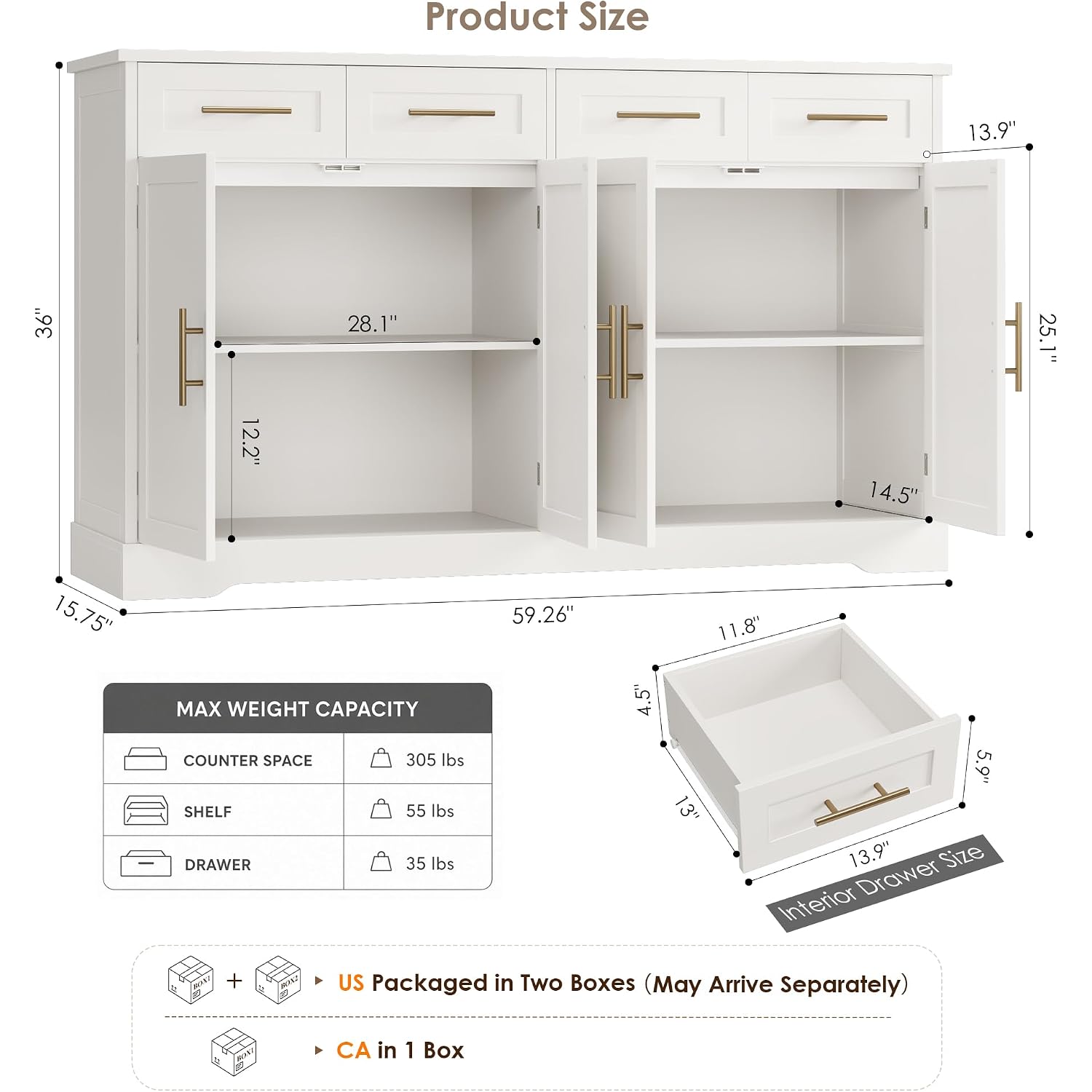 Hostack 60" W Sideboard Buffet Cabinet With Storage, Kitchen Cabinet, White | 36" Tall Kitchen Buffet Storage Cabinet With 4 Drawers, Large Coffee Bar Cabinet, Modern Buffet Table For Dining Living Room