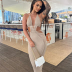 Women Sexy Crochet Maxi Dress Cut Out Halter V Neck Backless Knit Bodycon Long Dress Summer Beach Evening Party Dresses