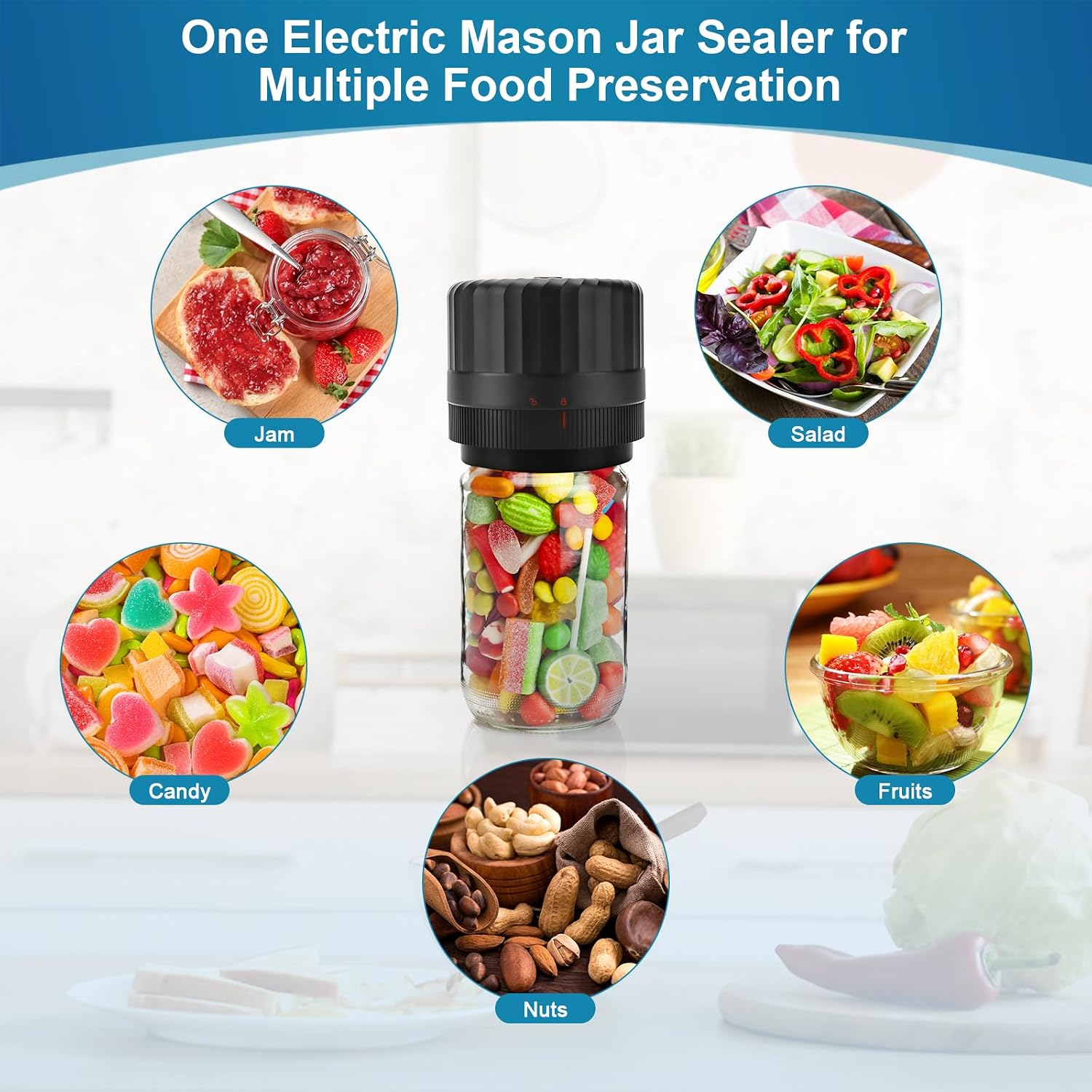 Electric-Mason-Jar-Vacuum-Sealer, Automatic Wide Mouth And Regular Mouth Mason Jar Vacuum Sealer Kit, Vp06+ Vaccum Sealer For Jars With Opener & 5 Pairs Of Lids