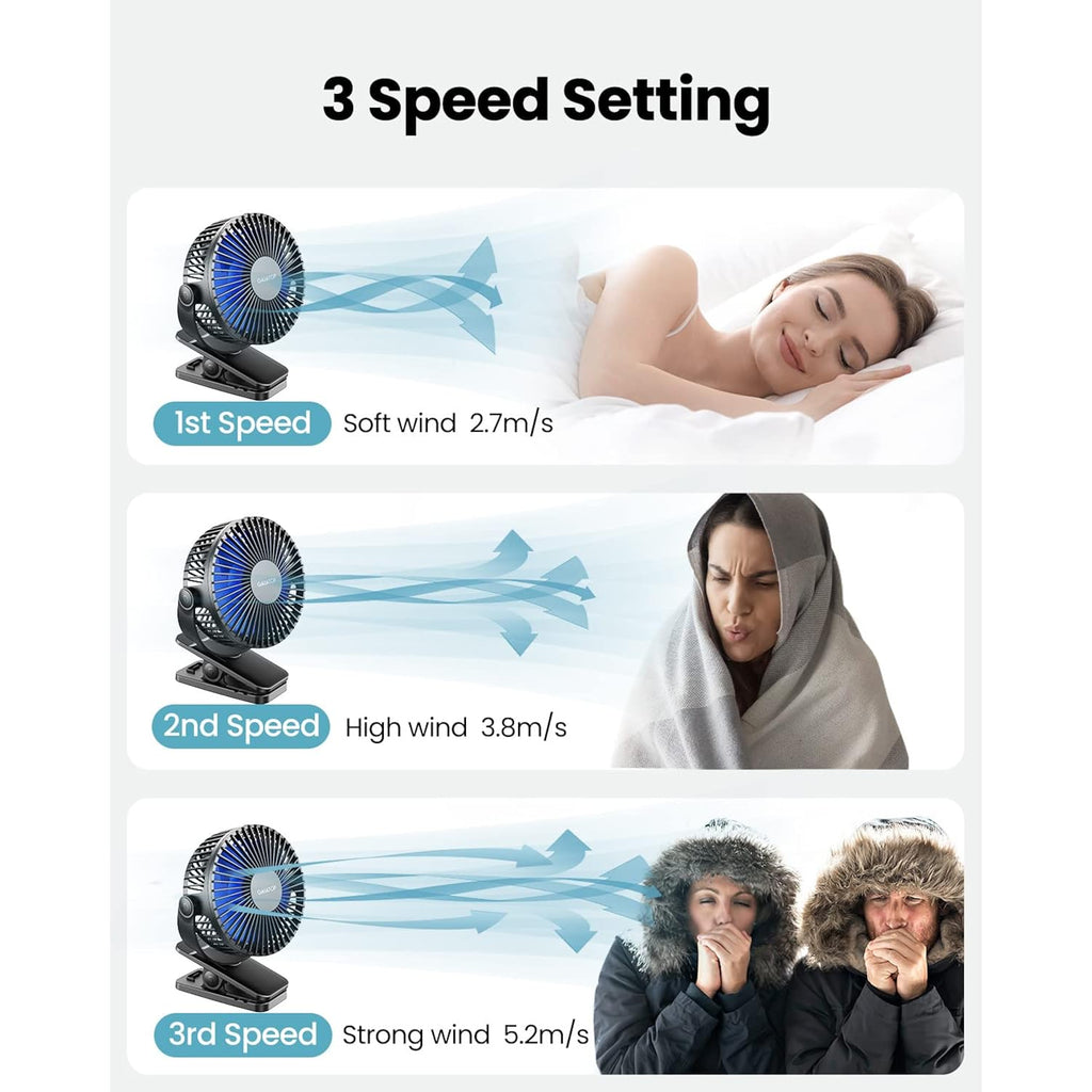 Gaiatop Portable Clip On Fan, Mini Personal Rechargeable Fan Black Blue | Battery Operated, Small 3 Speed Quiet 360° Rotate, Cooling For Desk Table Home Office Stroller Camping Women Gifts
