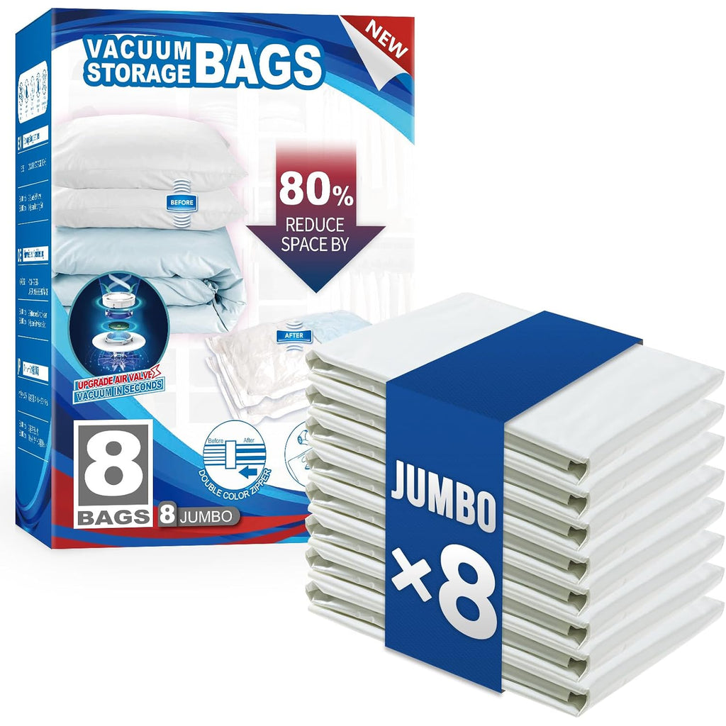 Taili 8 Pack Vacuum Storage Bags, Jumbo Size (31×40 Inch), Vacuum Seal Bags For Clothing, Bulky Bedding, Comforter, Blankets, Pillows, Space Saver Packing