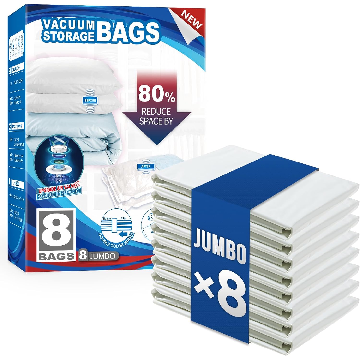 Taili 8 Pack Vacuum Storage Bags, Jumbo Size (31×40 Inch), Vacuum Seal Bags For Clothing, Bulky Bedding, Comforter, Blankets, Pillows, Space Saver Packing
