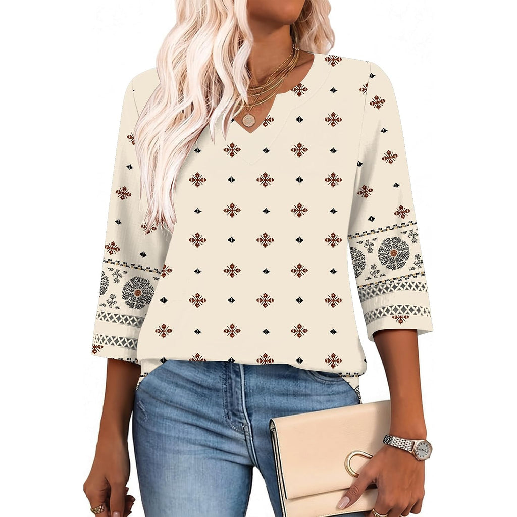 LOMON Womens 3/4 Sleeve V Neck Bohemian Blouses Casual Loose Fit Tunic Tops Vacation Clothes