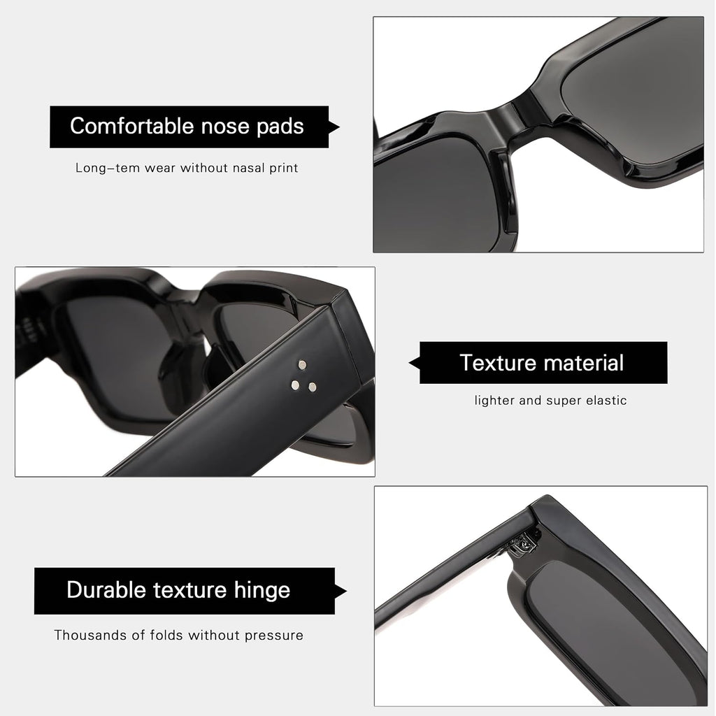 Cool Square Frame Sunglasses for Women Men Trendy Chunky Rectangle Sun Glasses Black Shades UV400 Protection Black and Gray