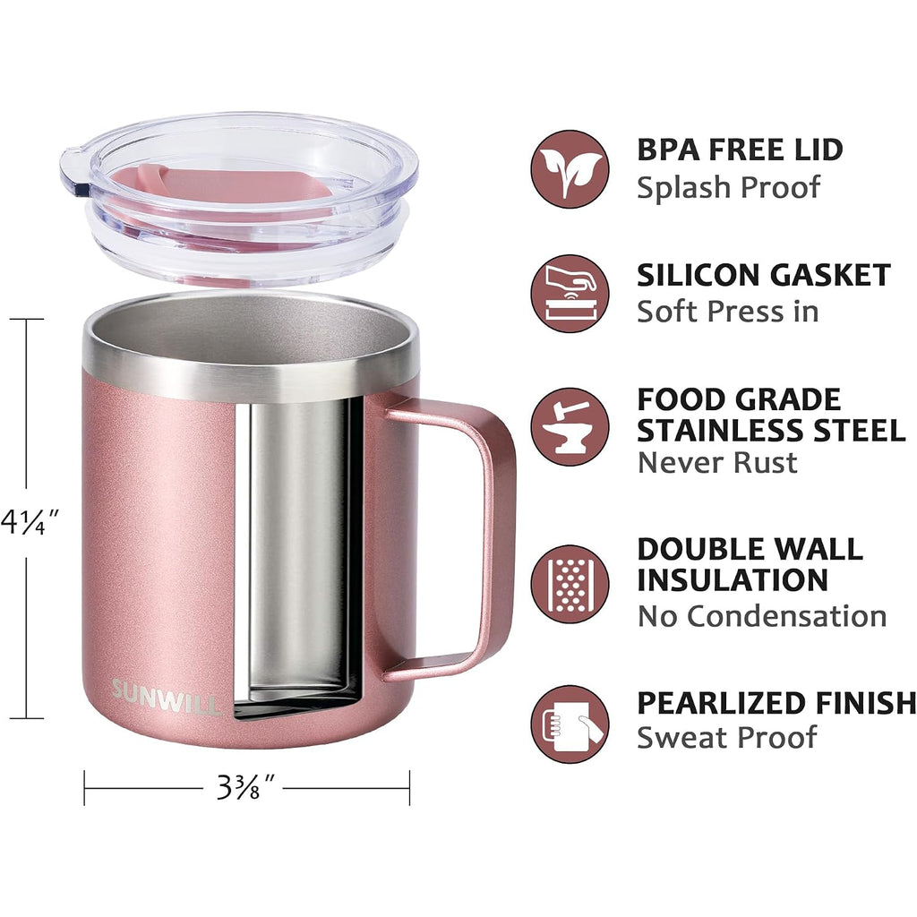 Sunwill Travel Coffee Mug With Lid, Insulated Tumbler With Handle, 14 Oz Stainless Steel Cup For Ice, Water, Tea, Rose Gold