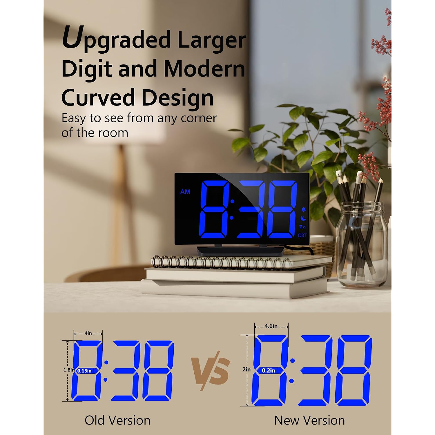 Upgraded Digital Alarm Clock For Bedrooms, Digital Clock With Customizable Night Mode, 5 Levels Brightness+Off, 2 Volume, 3 Alarm Tones, Snooze, Usb Charging Port, Power-Off Memory, 12/24H/Dst