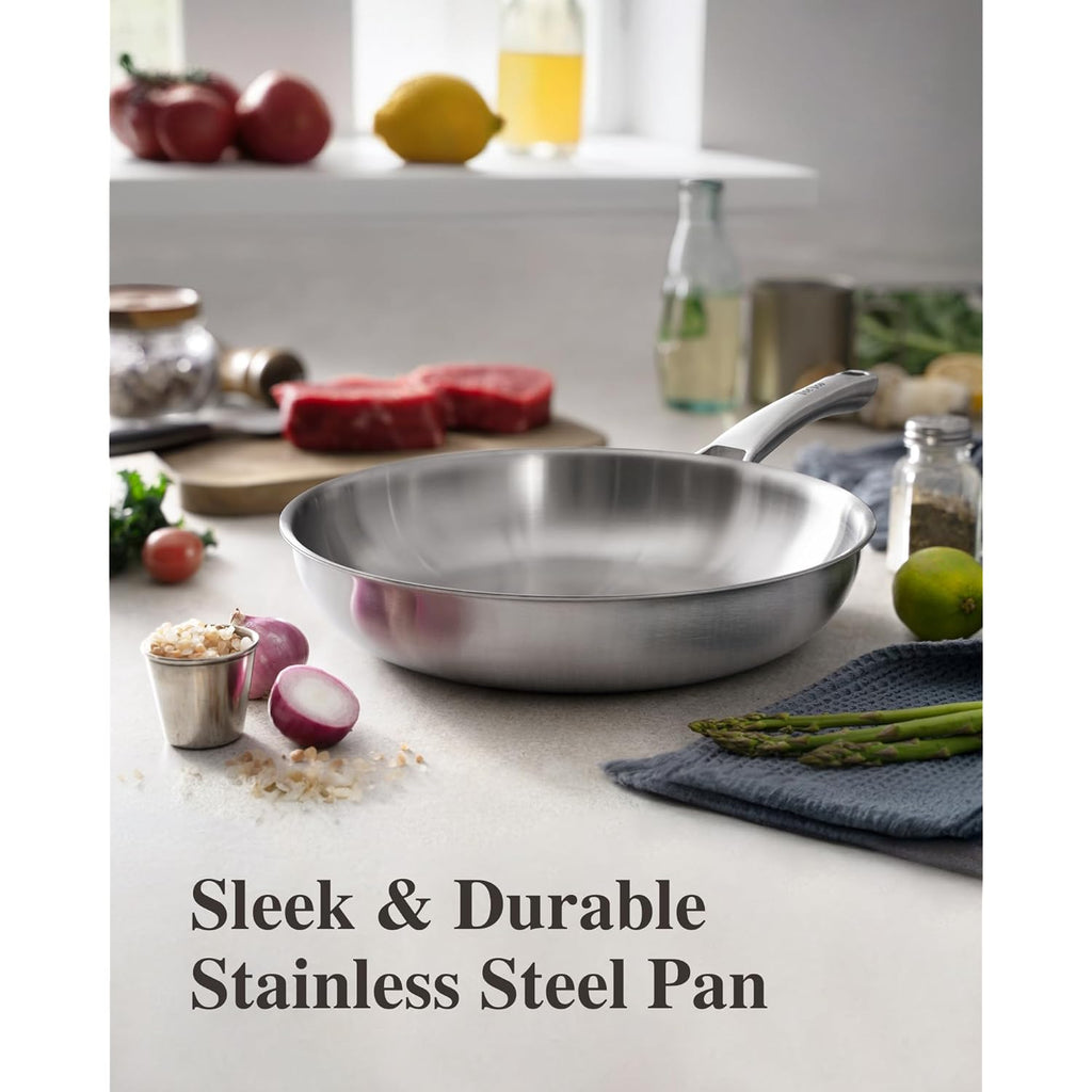 VocVoi Stainless Steel Pan, 12 Inch with Lid Stainless Steel Frying Pan, Non Toxic Tri-Ply Skillet, PFOA&PTFE Free, Oven and Dishwasher Safe, Induction Compatible