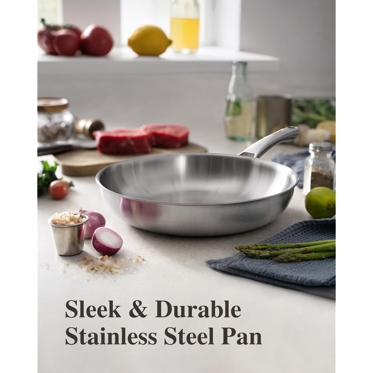 VocVoi Stainless Steel Pan, 12 Inch with Lid Stainless Steel Frying Pan, Non Toxic Tri-Ply Skillet, PFOA&PTFE Free, Oven and Dishwasher Safe, Induction Compatible